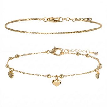 City Luxe 14k Gold Plated 2 pc Box Chain & Heart Charm Bracelet Set