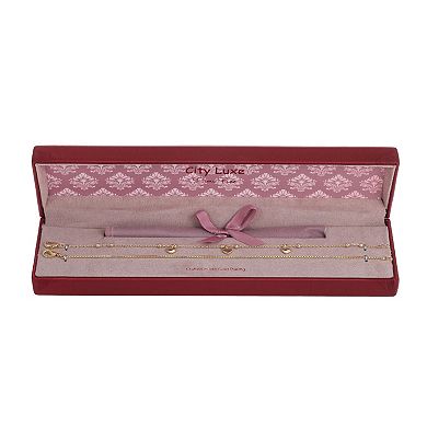 City Luxe 14k Gold Plated 2-Piece Box Chain & Heart Charm Bracelet Set