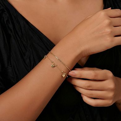City Luxe 14k Gold Plated 2-Piece Box Chain & Heart Charm Bracelet Set