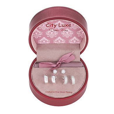 City Luxe Fine Silver Plated 3-Pair Cubic Zirconia Stud & Hoop Earring Set