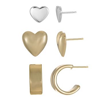 City Luxe 14k Gold & Fine Silver Plated 3-Pair Polished Heart Stud & Hoop Earring Set