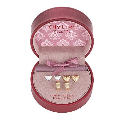 City Luxe 14k Gold & Fine Silver Plated 3-Pair Polished Heart Stud & Hoop Earring Set