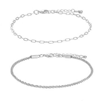 City Luxe Fine Silver Plated 2 pc Serpentine & Paperclip Chain Bracelet Set