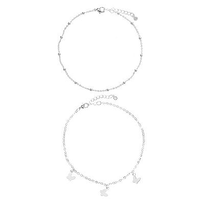 City Luxe Fine Silver Plated 2-Piece Butterfly Charm & Bead Chain Bracelet Set