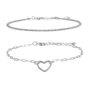 City Luxe Fine Silver Plated 2 pc Bead Chain & Heart Bracelet Set