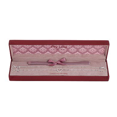 City Luxe Fine Silver Plated 2-Piece Bead Chain & Heart Bracelet Set