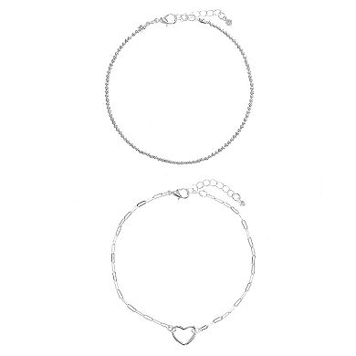 City Luxe Fine Silver Plated 2-Piece Bead Chain & Heart Bracelet Set