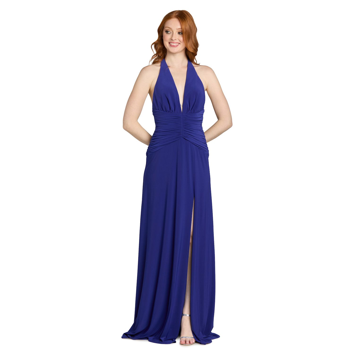 Женские платья Morgan Juniors' Morgan and Co Halter V-Neck Ruched Long Jersey Knit Dress