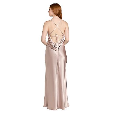 Juniors' Morgan and Co Long Satin Drape Back Dress