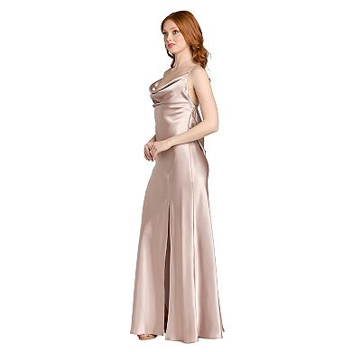Juniors' Morgan and Co Long Satin Drape Back Dress