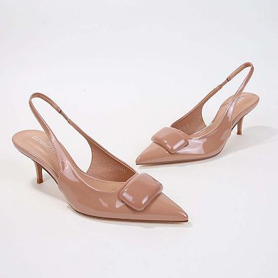 Jennifer Patent Slingback Kitten Heels with Geometric Embellishment