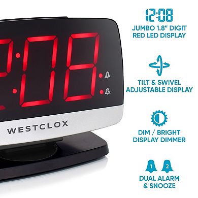 Westclox Large 1.8-Inch Tilt & Swivel LED Alarm Clock with USB Charging Port