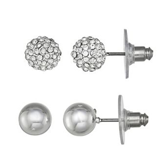 Nine West 2-Pair Silver Tone Pave Sphere & Ball Stud Earring Set