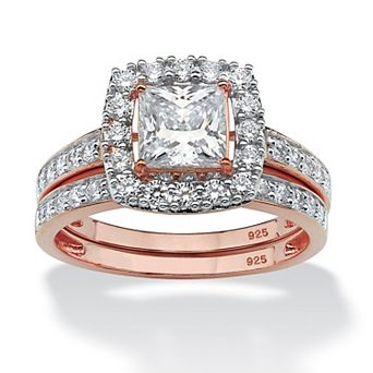 PalmBeach Jewelry 2.15 ct w. 2 pc Rose Gold-plated Silver Princess-Cut CZ Halo Bridal Set