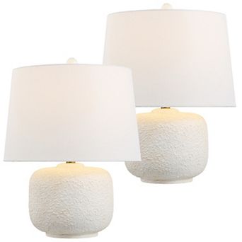 Qualm 20" Coastal Farmhouse Textured Resin/Metal Rounded Barrel LED Table Lamp (Set of 2)