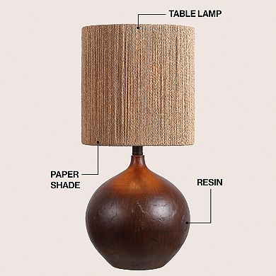 Abram 22.75" Rustic Bohemian Resin/Metal Round Table Lamp with Paper Rope Shade