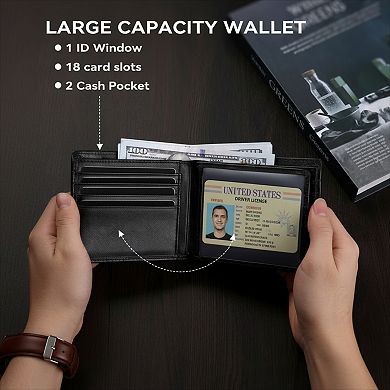 Leather Bifold Wallet with RFID Blocking and Multiple Card Slots