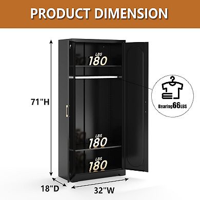 Metal Wardrobe 71" Tall, Cloth-Friendly, Ample Storage, Magnetic Doors, Sturdy
