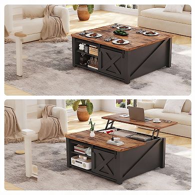 Lift Top Coffee Table with Storage, Farmhouse Style, Adjustable Shelves