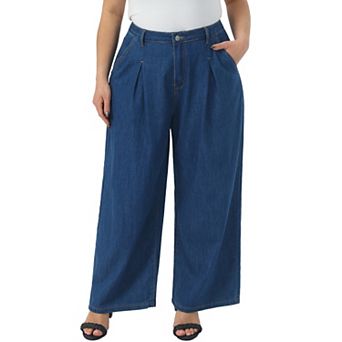 Women's Plus Size Wide Leg Jeans High Waisted Loose Stretchy Trousers Denim Pants