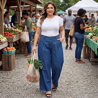 Women's Plus Size Wide Leg Jeans High Waisted Loose Stretchy Trousers Denim Pants