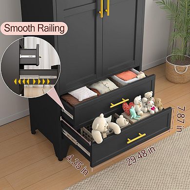 Metal Wardrobe with 2 Drawers, Hanging Rod, Adjustable Shelves, & Anti-Tip Devices