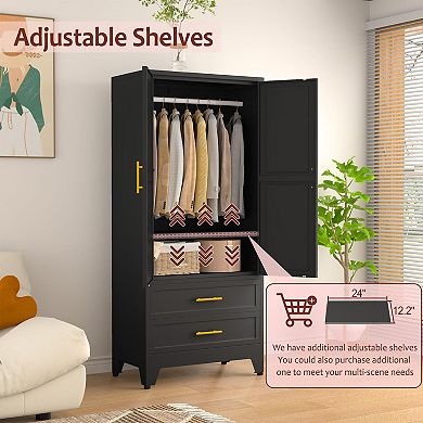 Metal Wardrobe with 2 Drawers, Hanging Rod, Adjustable Shelves, & Anti-Tip Devices