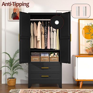 Metal Wardrobe with 2 Drawers, Hanging Rod, Adjustable Shelves, & Anti-Tip Devices