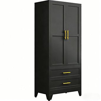 Metal Wardrobe with 2 Drawers, Hanging Rod, Adjustable Shelves, & Anti-Tip Devices