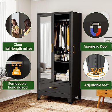 Metal Wardrobe with Adjustable Shelves, Hanging Rod, Drawer, and Mirror for Bedroom