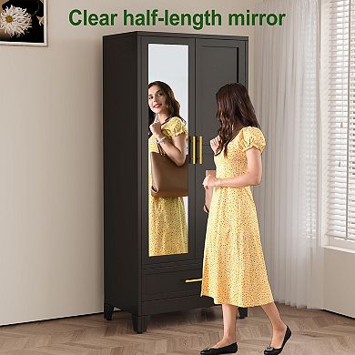 Metal Wardrobe with Adjustable Shelves, Hanging Rod, Drawer, and Mirror for Bedroom