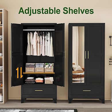 Metal Wardrobe with Adjustable Shelves, Hanging Rod, Drawer, and Mirror for Bedroom