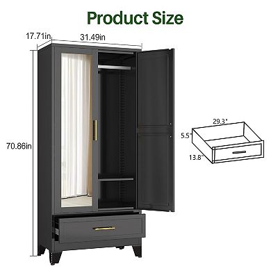 Metal Wardrobe with Adjustable Shelves, Hanging Rod, Drawer, and Mirror for Bedroom
