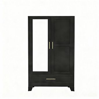 Metal Wardrobe with Adjustable Shelves, Hanging Rod, Drawer, and Mirror for Bedroom