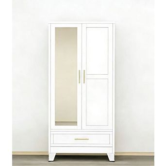 Metal Wardrobe with Adjustable Shelves, Hanging Rod, Drawer, and Mirror for Bedroom