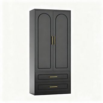 Metal Wardrobe Closet, Black, 71" Tall, 2 Drawers, Hanging Rod, Multiple Storage