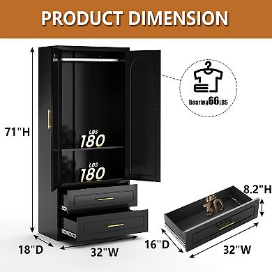 Metal Wardrobe Closet, Black, 71" Tall, 2 Drawers, Hanging Rod, Multiple Storage