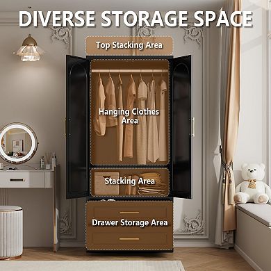 Metal Wardrobe Closet, Black, 71" Tall, 2 Drawers, Hanging Rod, Multiple Storage