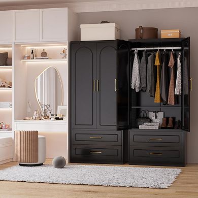 Metal Wardrobe Closet, Black, 71" Tall, 2 Drawers, Hanging Rod, Multiple Storage