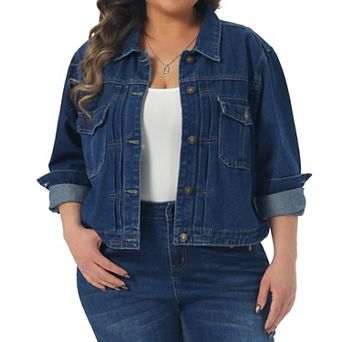 Women's Plus Size Denim Trucker Jacket Long Sleeve Turn Down Collar Jean Jacket with Utility Pockets