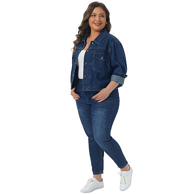 Women's Plus Size Denim Trucker Jacket Long Sleeve Turn Down Collar Jean Jacket with Utility Pockets