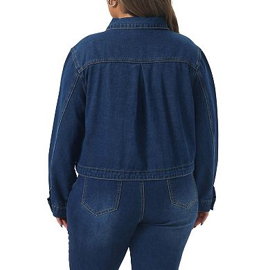 Women's Plus Size Denim Trucker Jacket Long Sleeve Turn Down Collar Jean Jacket with Utility Pockets