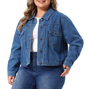 Women's Plus Size Denim Trucker Jacket Long Sleeve Turn Down Collar Jean Jacket with Utility Pockets