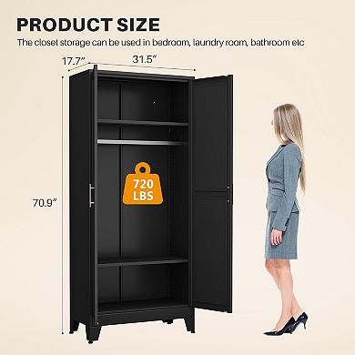 Metal Wardrobe with 2 Adjustable Shelves, Hanging Rod & Anti-Tip Devices