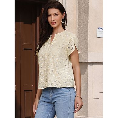 Causal Tops for Women V Neck Short Sleeve Embroidery Eyelet Elegant Blouse