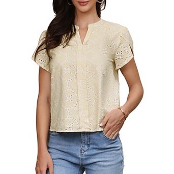 Causal Tops for Women V Neck Short Sleeve Embroidery Eyelet Elegant Blouse