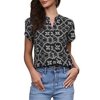 Causal Tops for Women V Neck Short Sleeve Embroidery Eyelet Elegant Blouse
