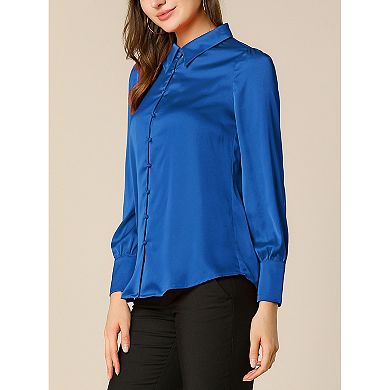 Women's Satin Blouse Puffy Long Sleeve Collared Button Down Shirt Office Work Tops Business Casual