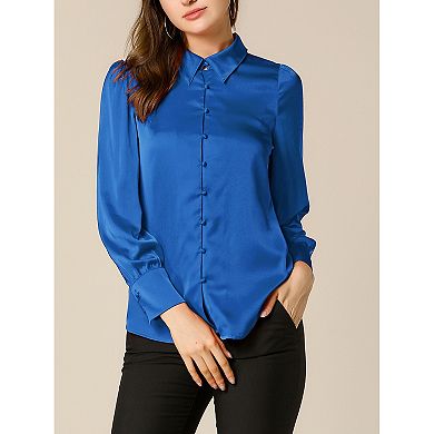 Women's Satin Blouse Puffy Long Sleeve Collared Button Down Shirt Office Work Tops Business Casual