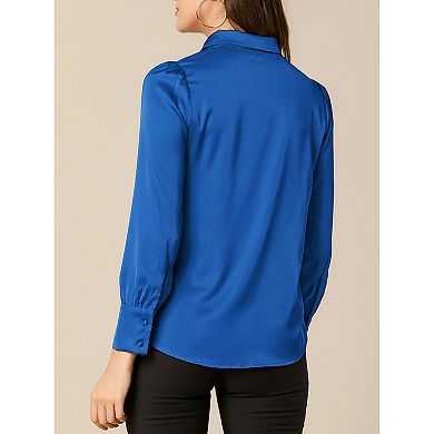 Women's Satin Blouse Puffy Long Sleeve Collared Button Down Shirt Office Work Tops Business Casual